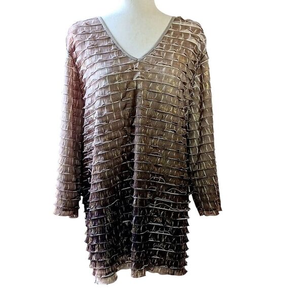 MAGGIE BARNES V Neck Blouse Tiered Chiffon Ombre Gold Shimmer Plus Size 3X - Picture 1 of 8